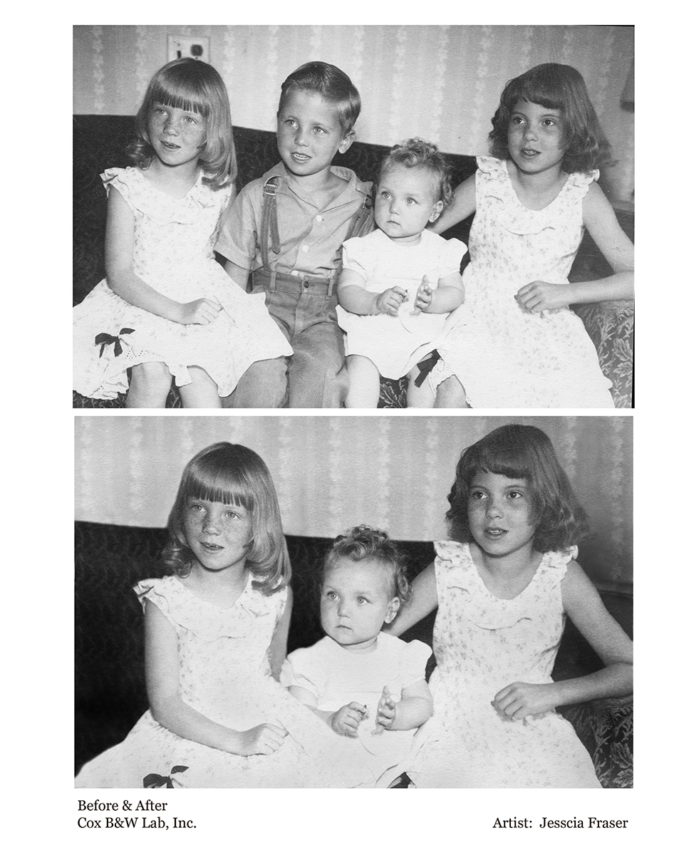 Brother and sisters sitting on sofa with brother removed in second photo.